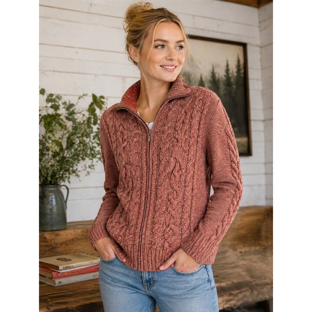 L.L.Bean Womens Large Cable Knit Zip Sweater Mauve Pink Cotton Chunky Cardigan
